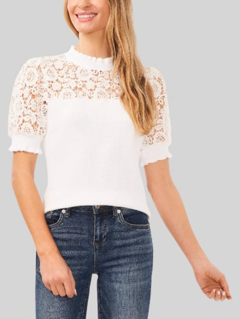 CECE WOMEN'S COTTON RUFFLE-NECK LACE-YOKE SWEATER NWT SIZE M